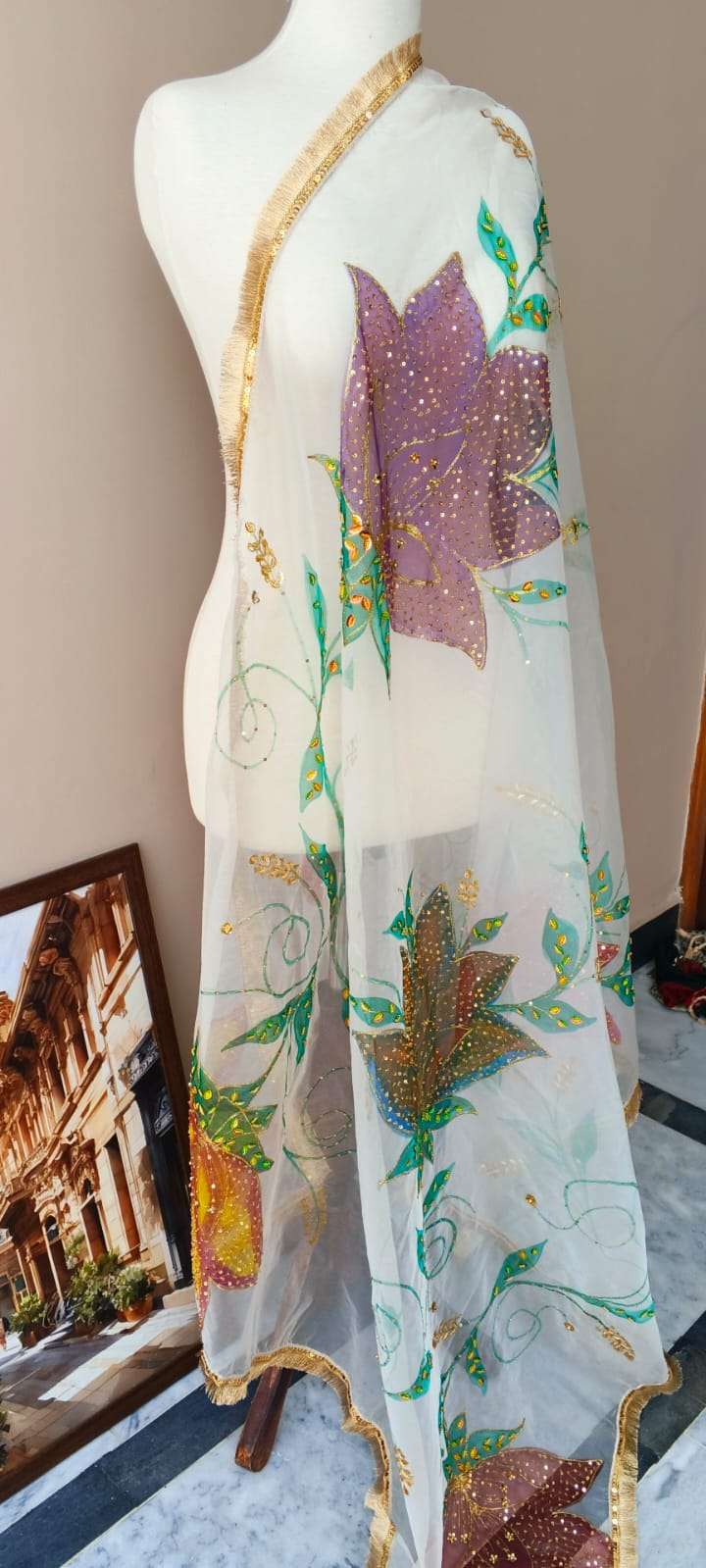 White Organza Dupatta with Multicolor Floral Design