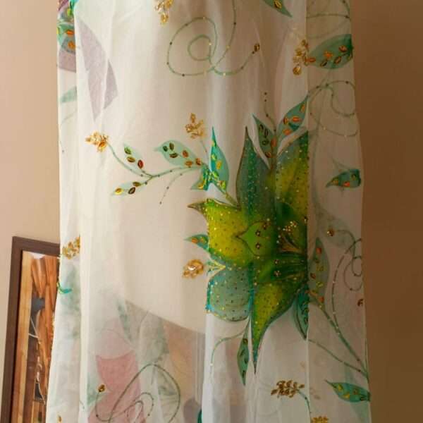 White Organza Dupatta with Multicolor Floral Design