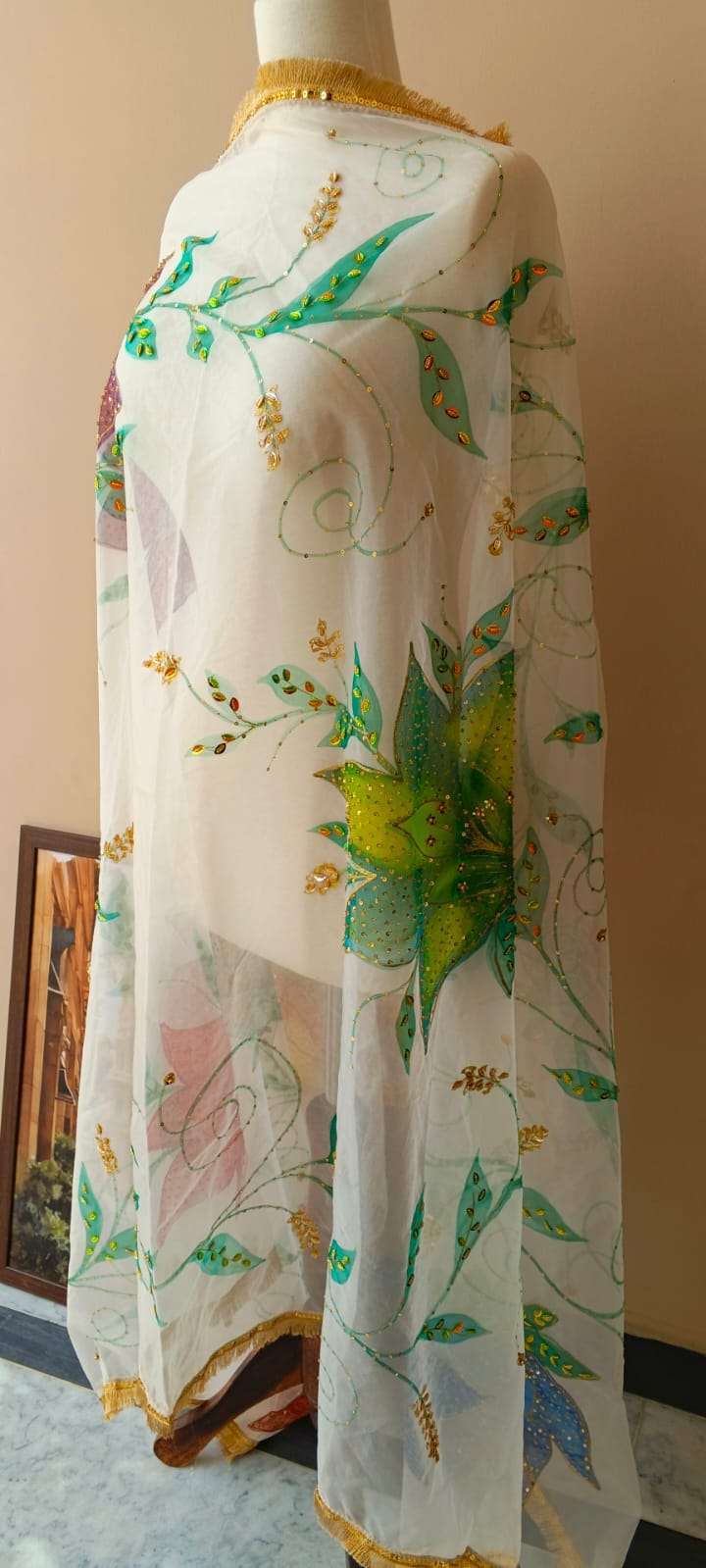 White Organza Dupatta with Multicolor Floral Design