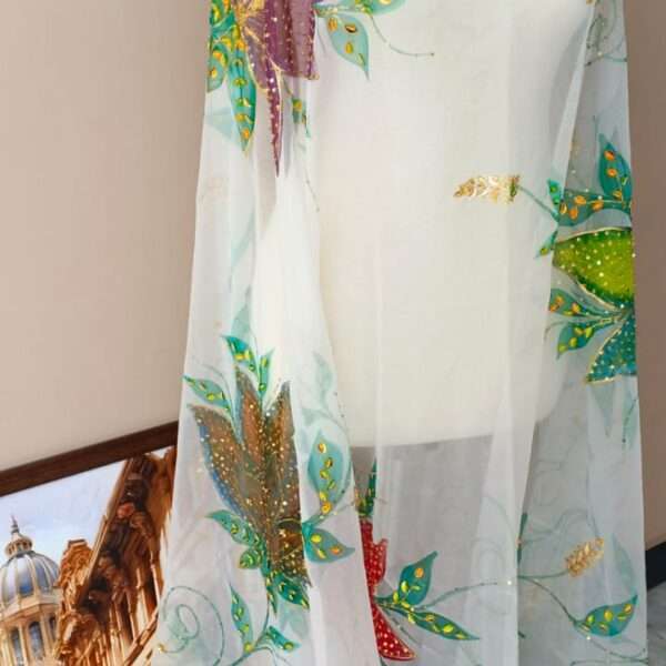 White Organza Dupatta with Multicolor Floral Design
