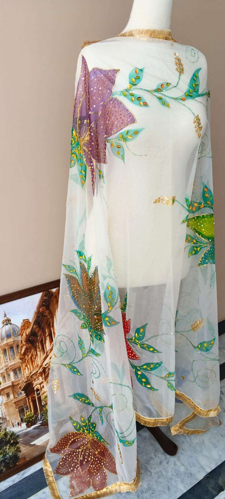 White Organza Dupatta with Multicolor Floral Design