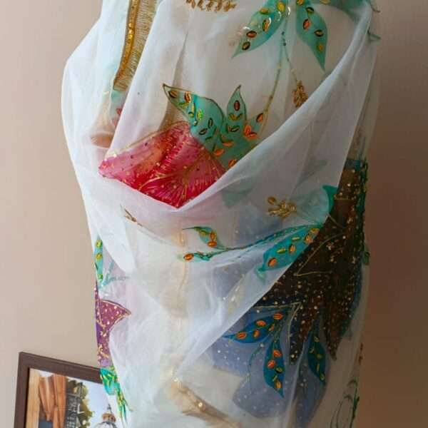 White Organza Dupatta with Multicolor Floral Design