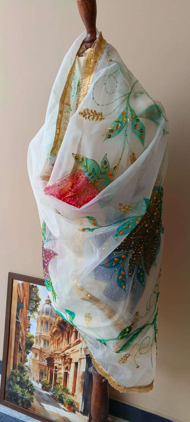 White Organza Dupatta with Multicolor Floral Design