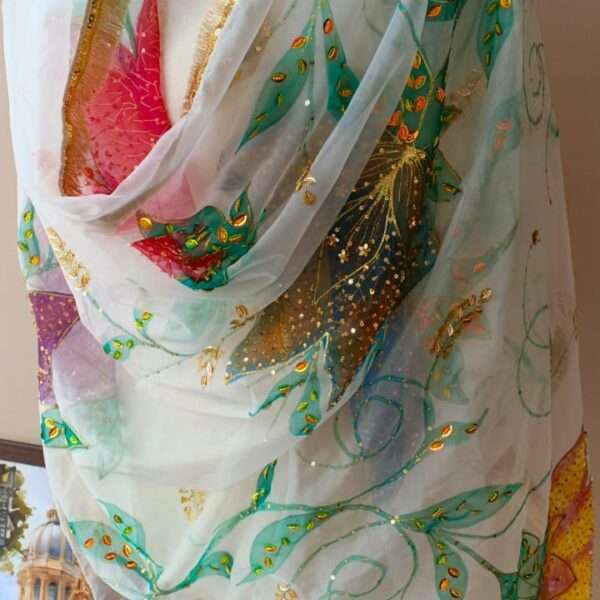 White Organza Dupatta with Multicolor Floral Design