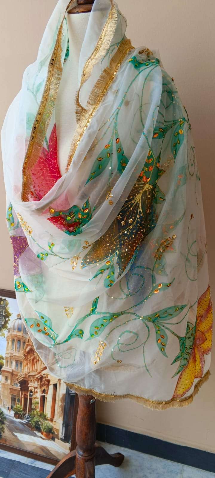 White Organza Dupatta with Multicolor Floral Design