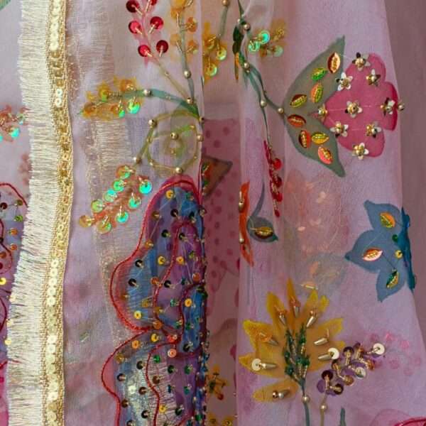 Dupatta Pink Floral Embroidered Organza Dupatta