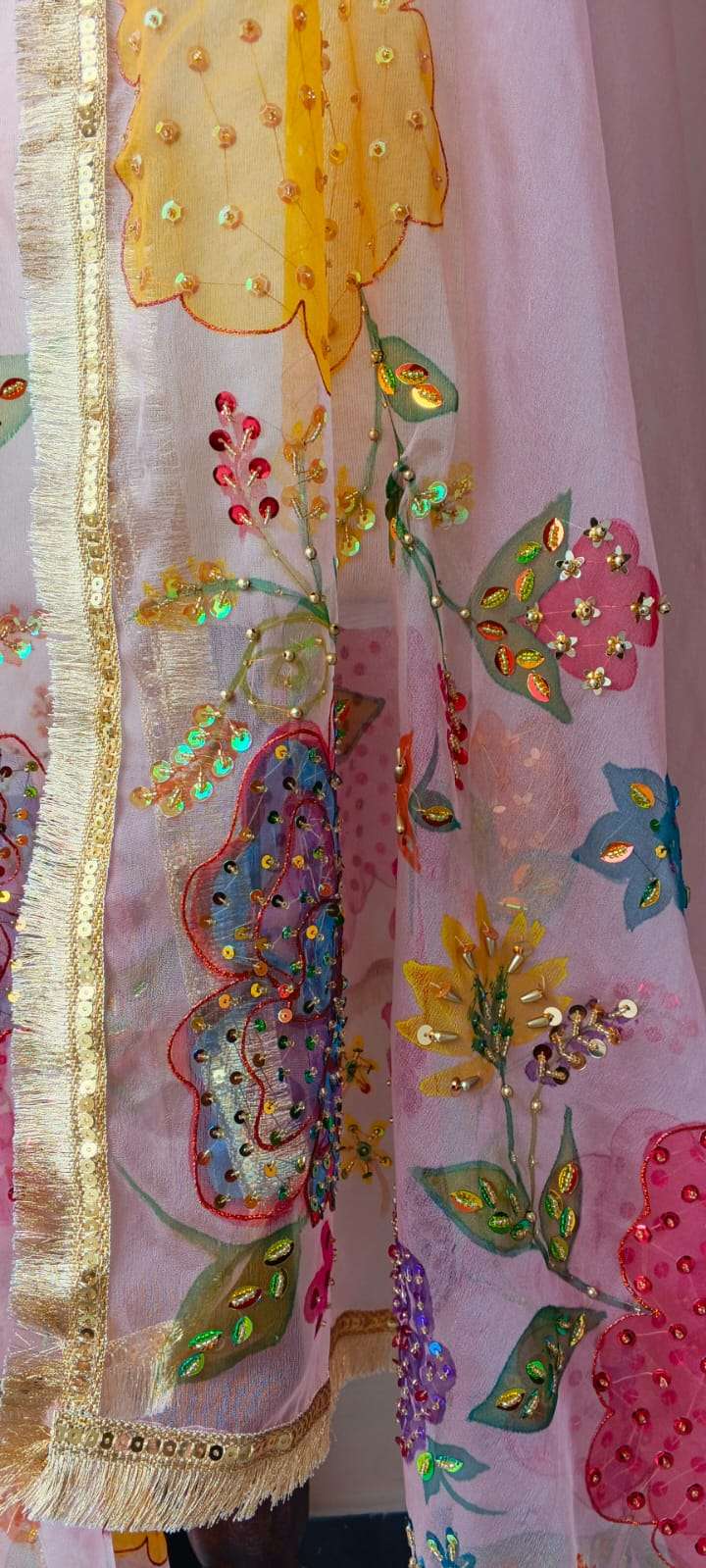 Dupatta Pink Floral Embroidered Organza Dupatta