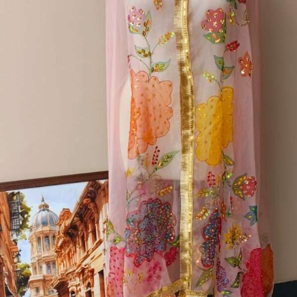 Dupatta Pink Floral Embroidered Organza Dupatta