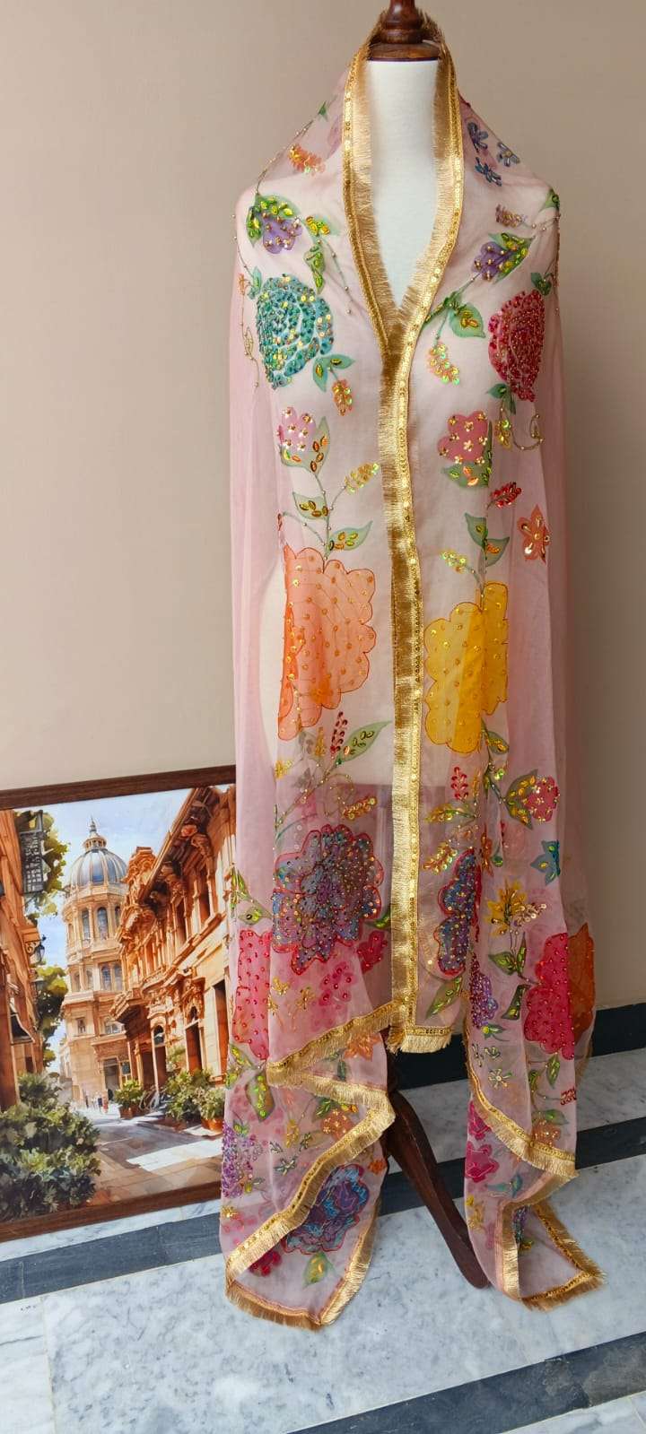 Dupatta Pink Floral Embroidered Organza Dupatta