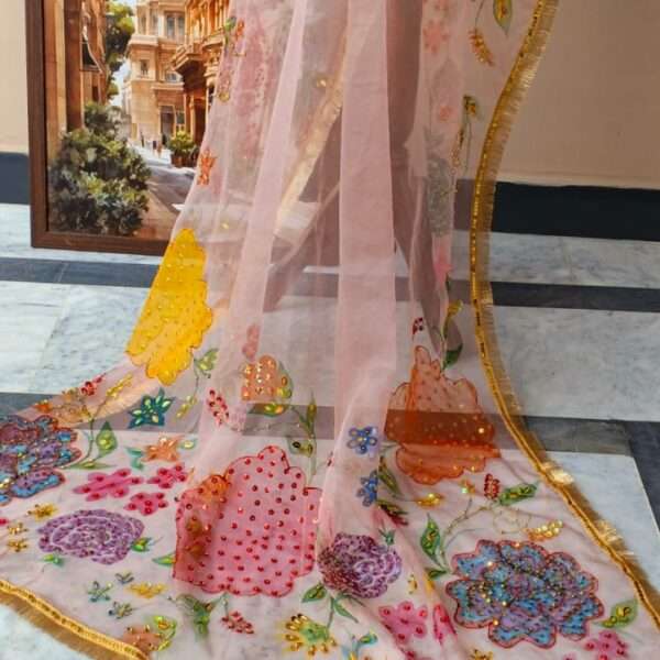 Dupatta Pink Floral Embroidered Organza Dupatta