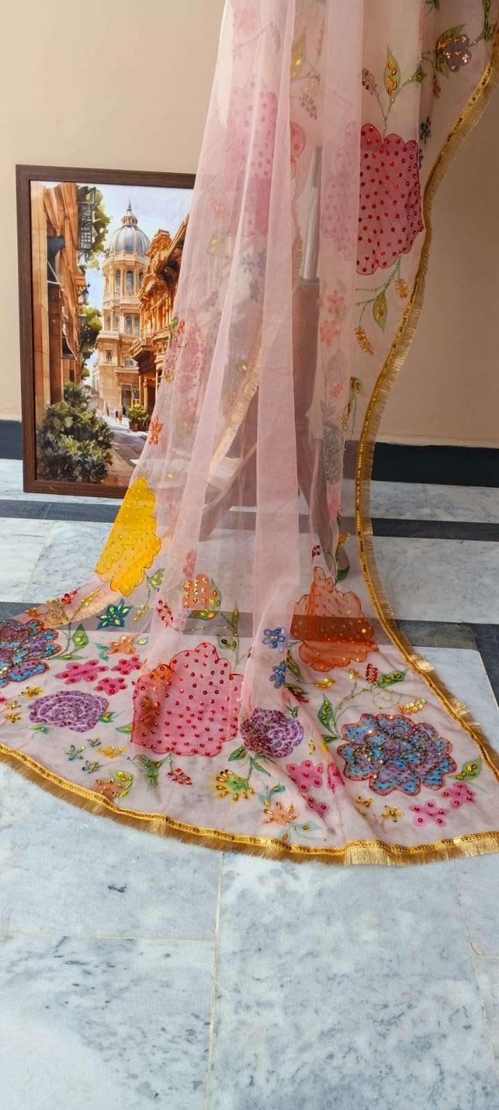 Dupatta Pink Floral Embroidered Organza Dupatta