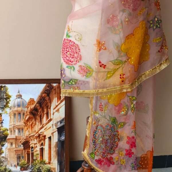 Dupatta Pink Floral Embroidered Organza Dupatta