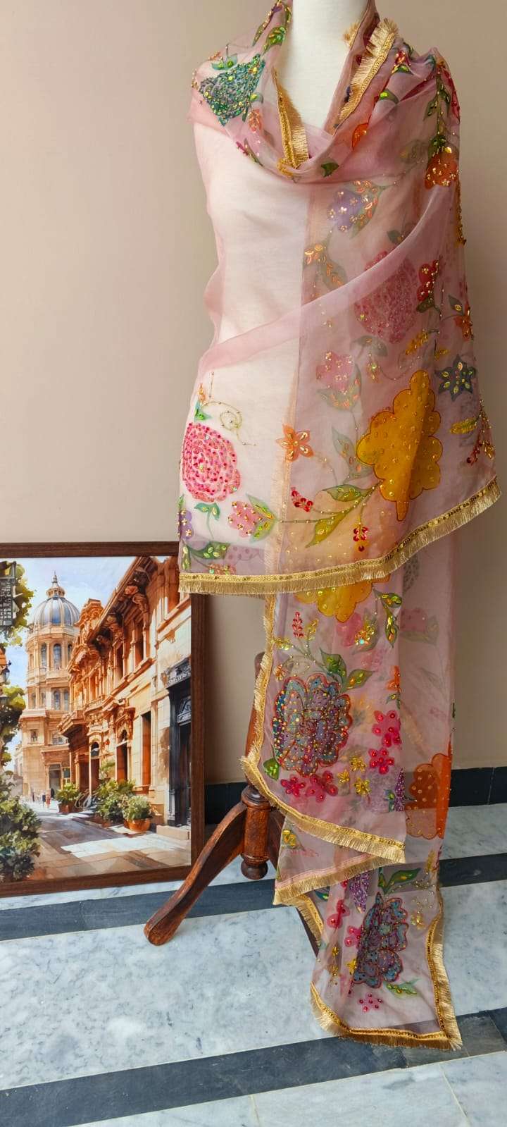 Dupatta Pink Floral Embroidered Organza Dupatta
