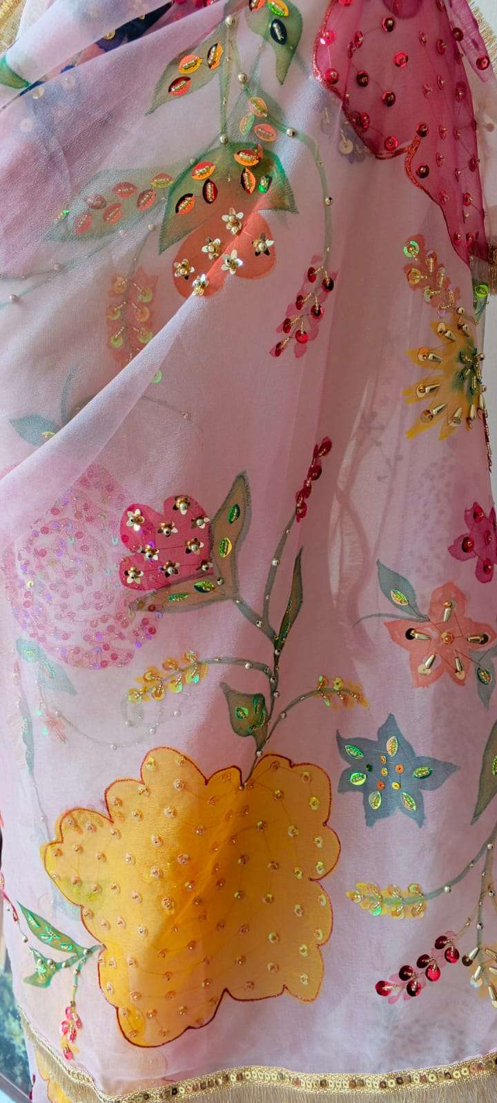 Dupatta Pink Floral Embroidered Organza Dupatta