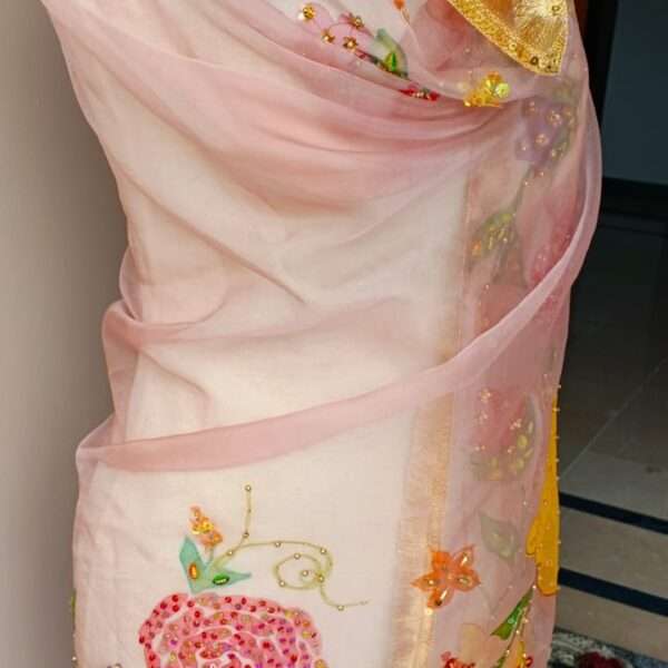 Dupatta Pink Floral Embroidered Organza Dupatta