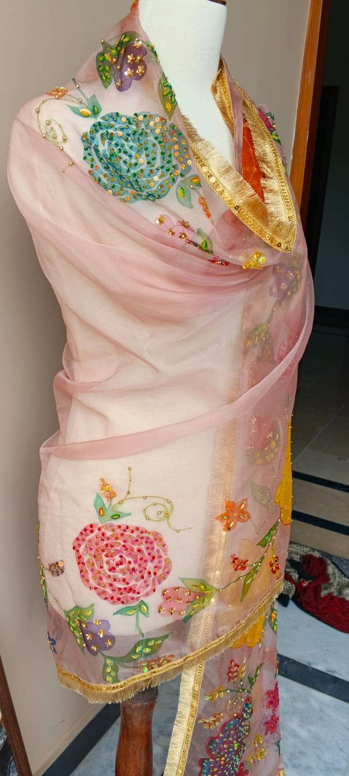 Dupatta Pink Floral Embroidered Organza Dupatta
