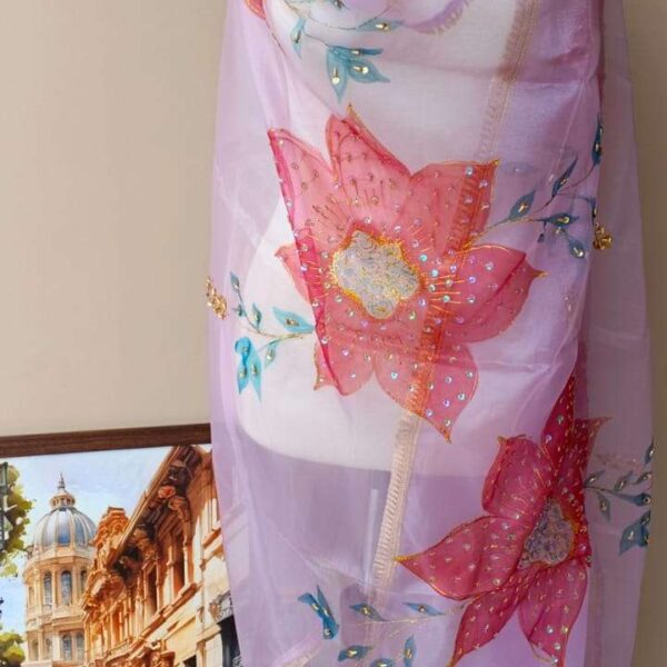 Dupatta Hand-Painted Lilac Organza Dupatta