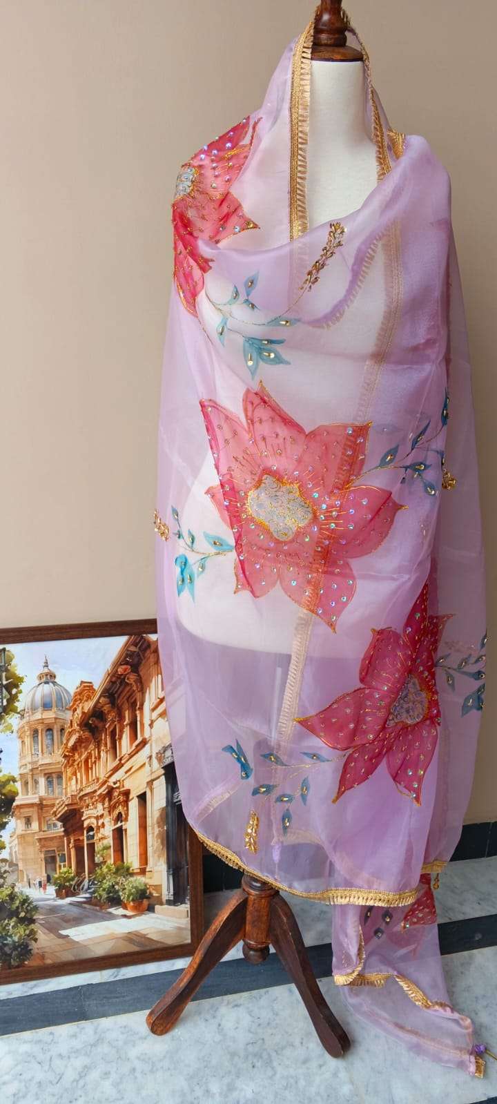Dupatta Hand-Painted Lilac Organza Dupatta