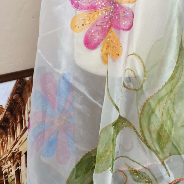 Online Dupatta Pastel Bloom Hand-Painted Organza Dupatta