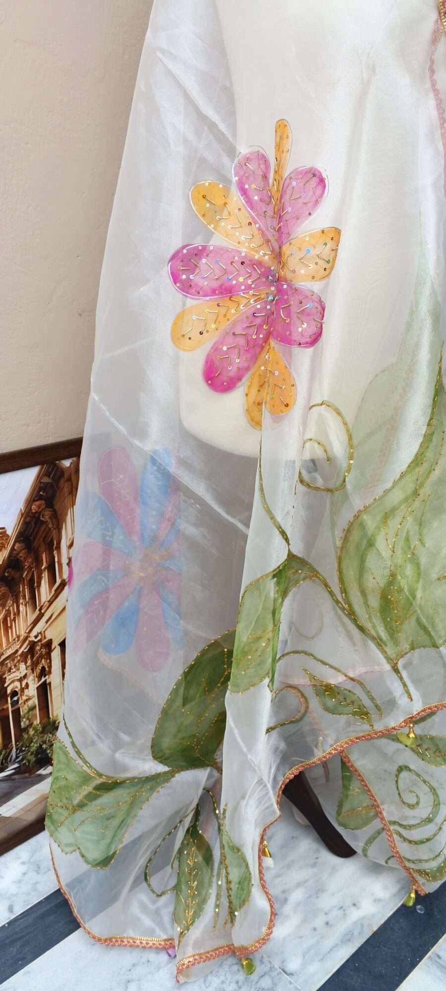 Online Dupatta Pastel Bloom Hand-Painted Organza Dupatta