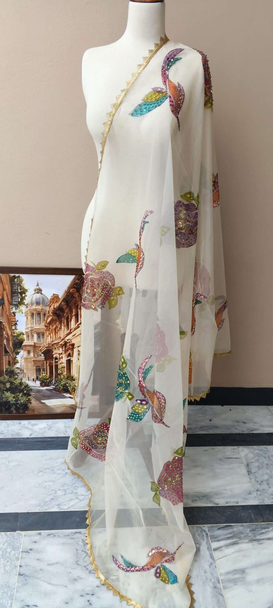 Online Dupattas Noor-e-Gul Luxury Organza Dupatta – White Floral Edition