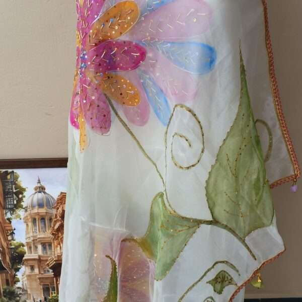 Online Dupatta Pastel Bloom Hand-Painted Organza Dupatta