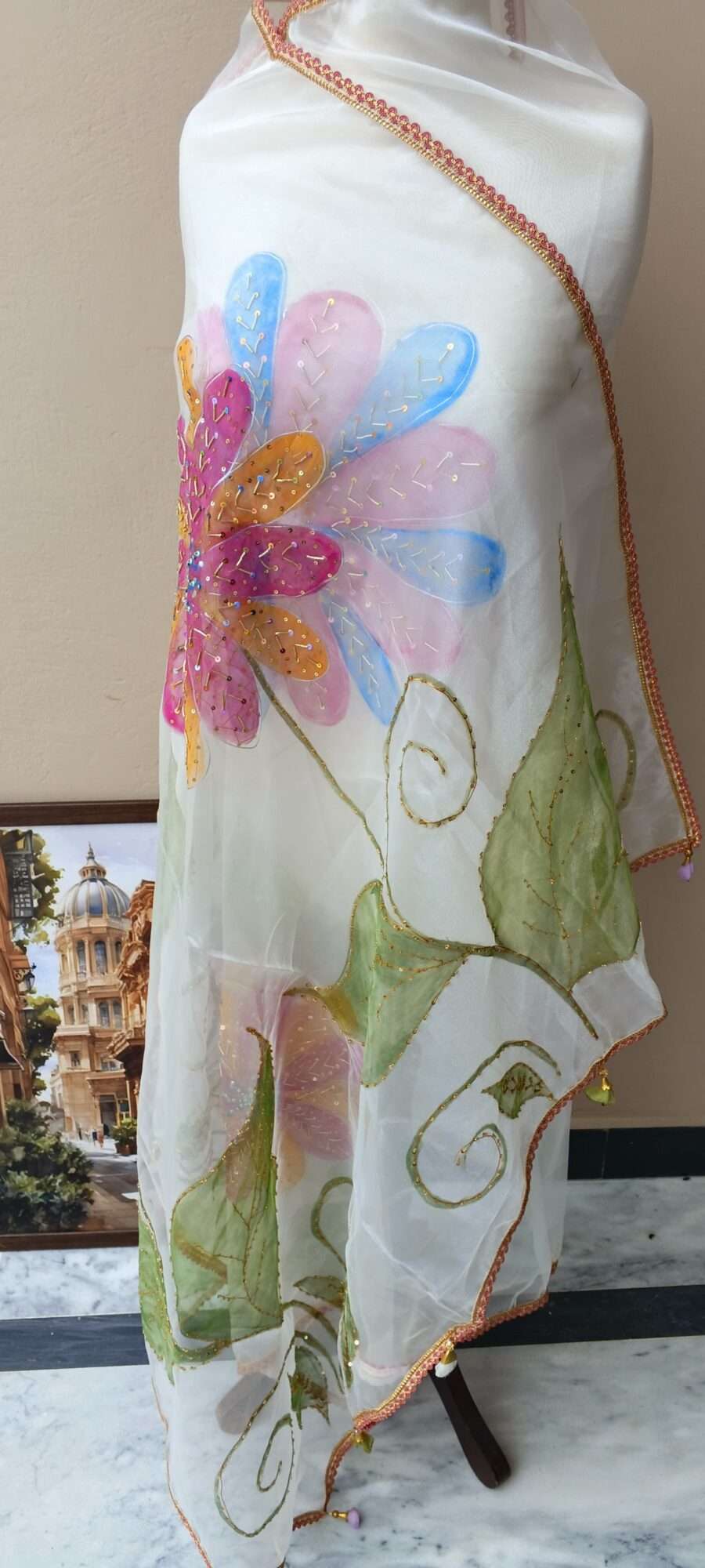 Online Dupatta Pastel Bloom Hand-Painted Organza Dupatta