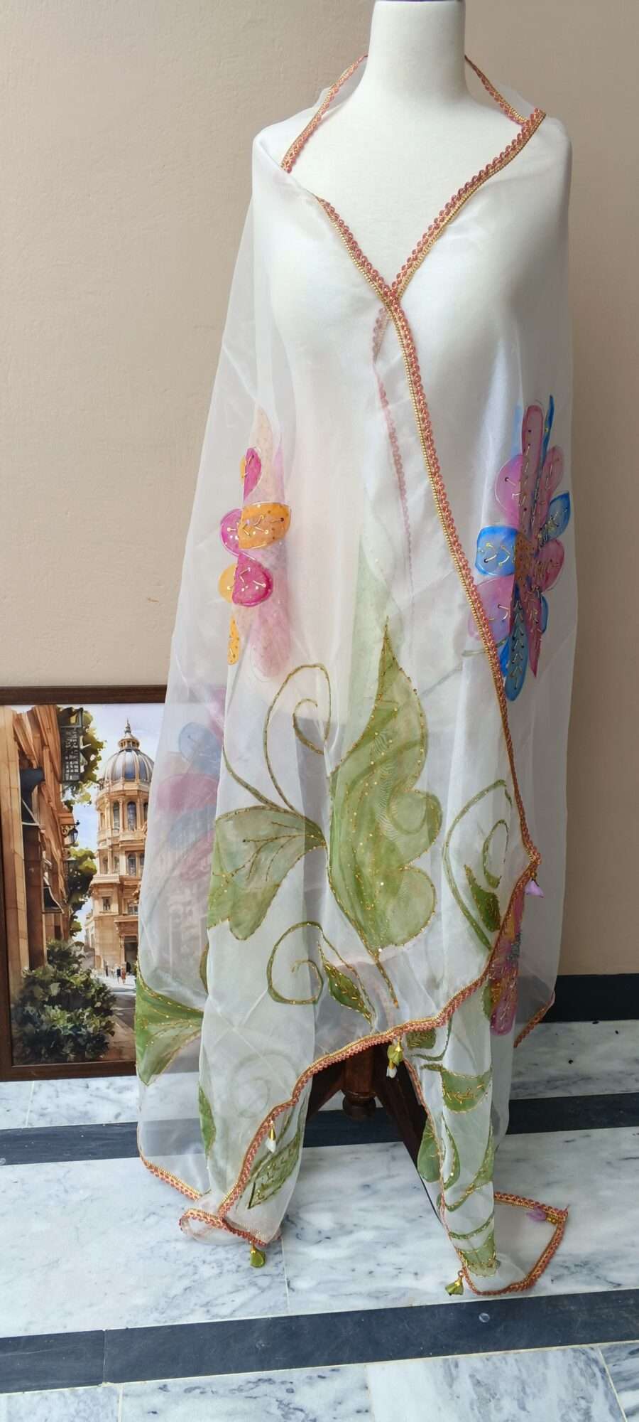 Online Dupatta Pastel Bloom Hand-Painted Organza Dupatta