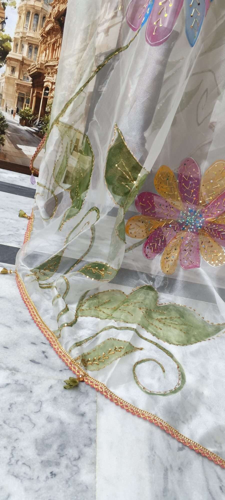 Online Dupatta Pastel Bloom Hand-Painted Organza Dupatta