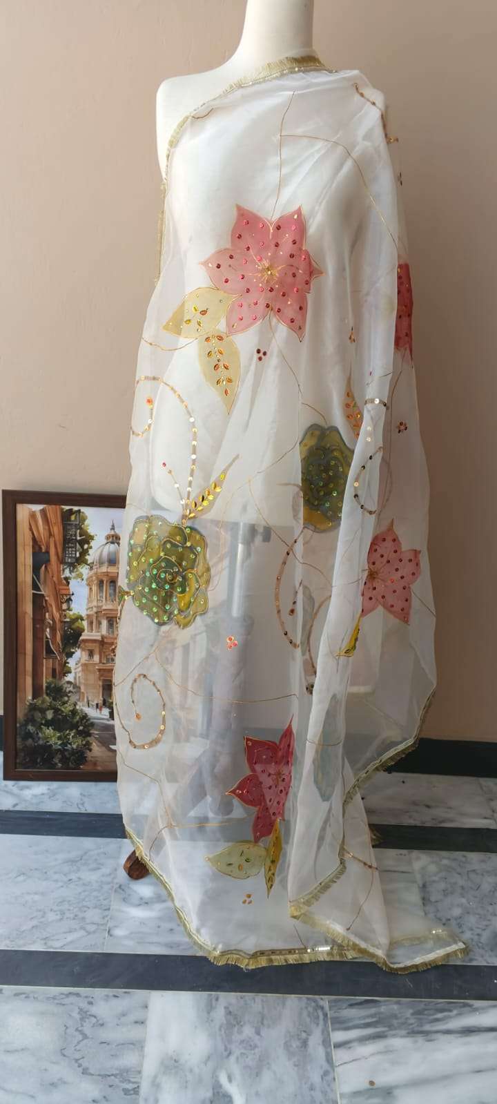 Blooming Bliss Hand-Painted Organza Dupatta