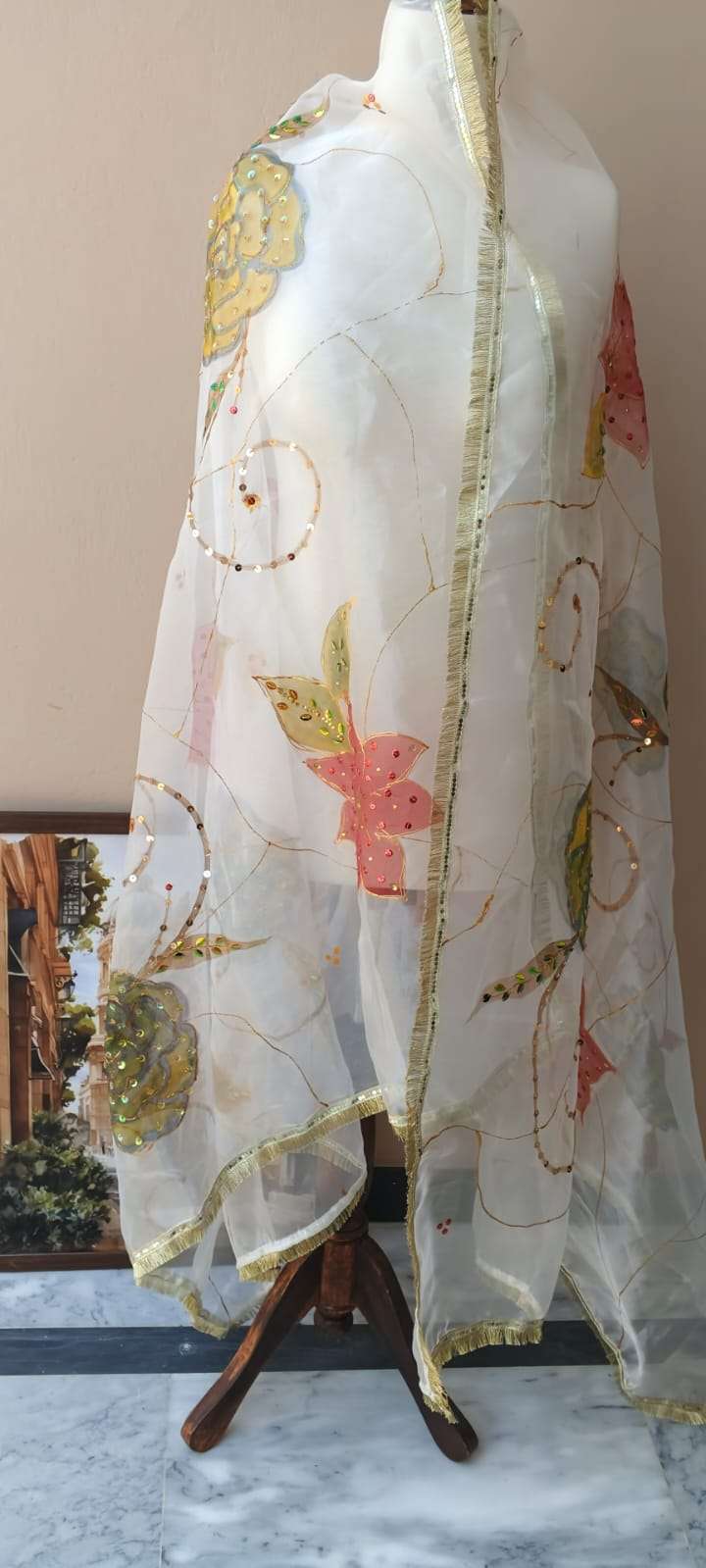 Blooming Bliss Hand-Painted Organza Dupatta
