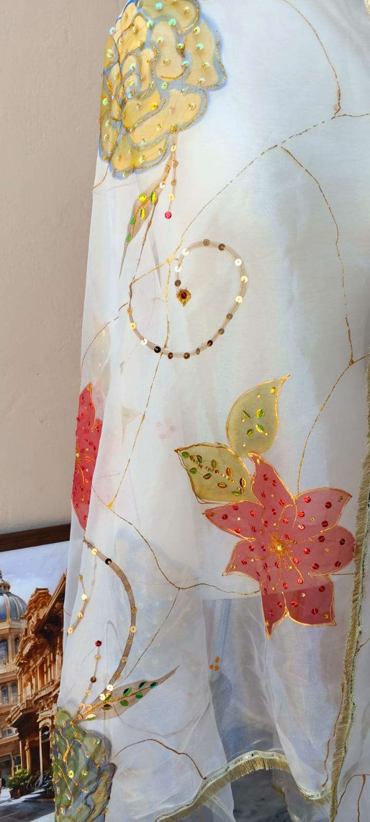 Blooming Bliss Hand-Painted Organza Dupatta