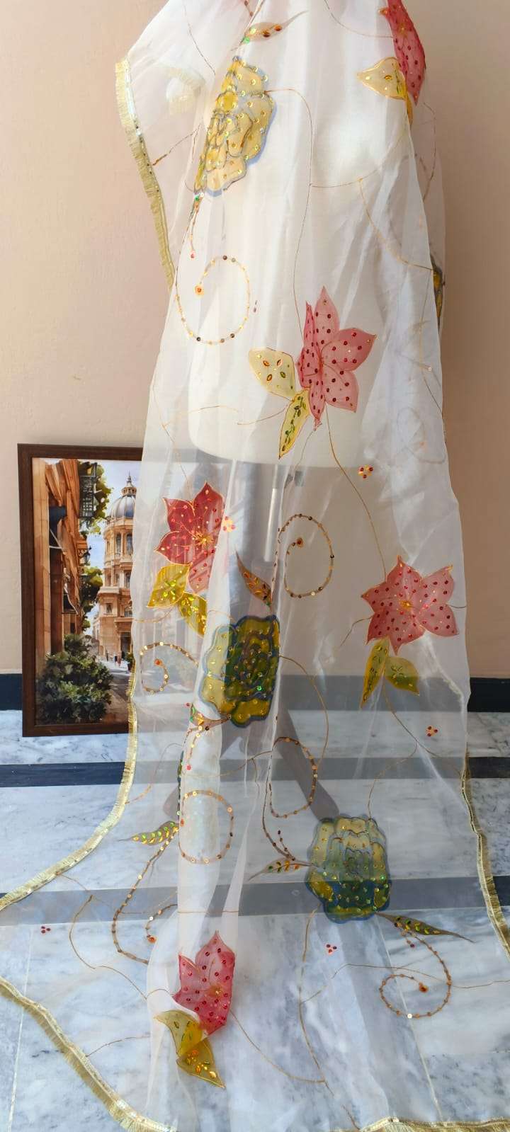 Blooming Bliss Hand-Painted Organza Dupatta