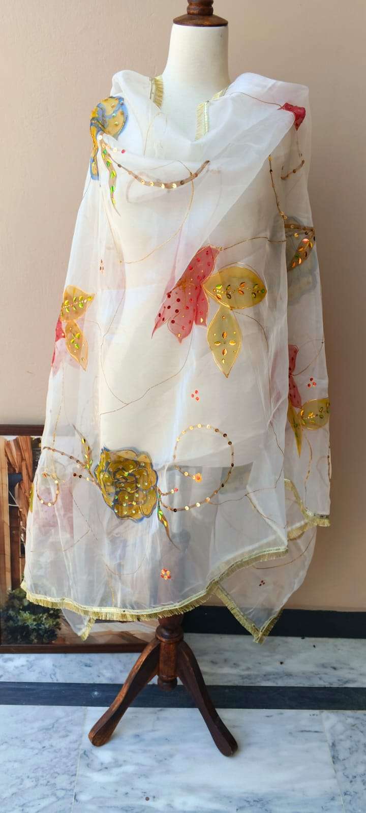 Blooming Bliss Hand-Painted Organza Dupatta