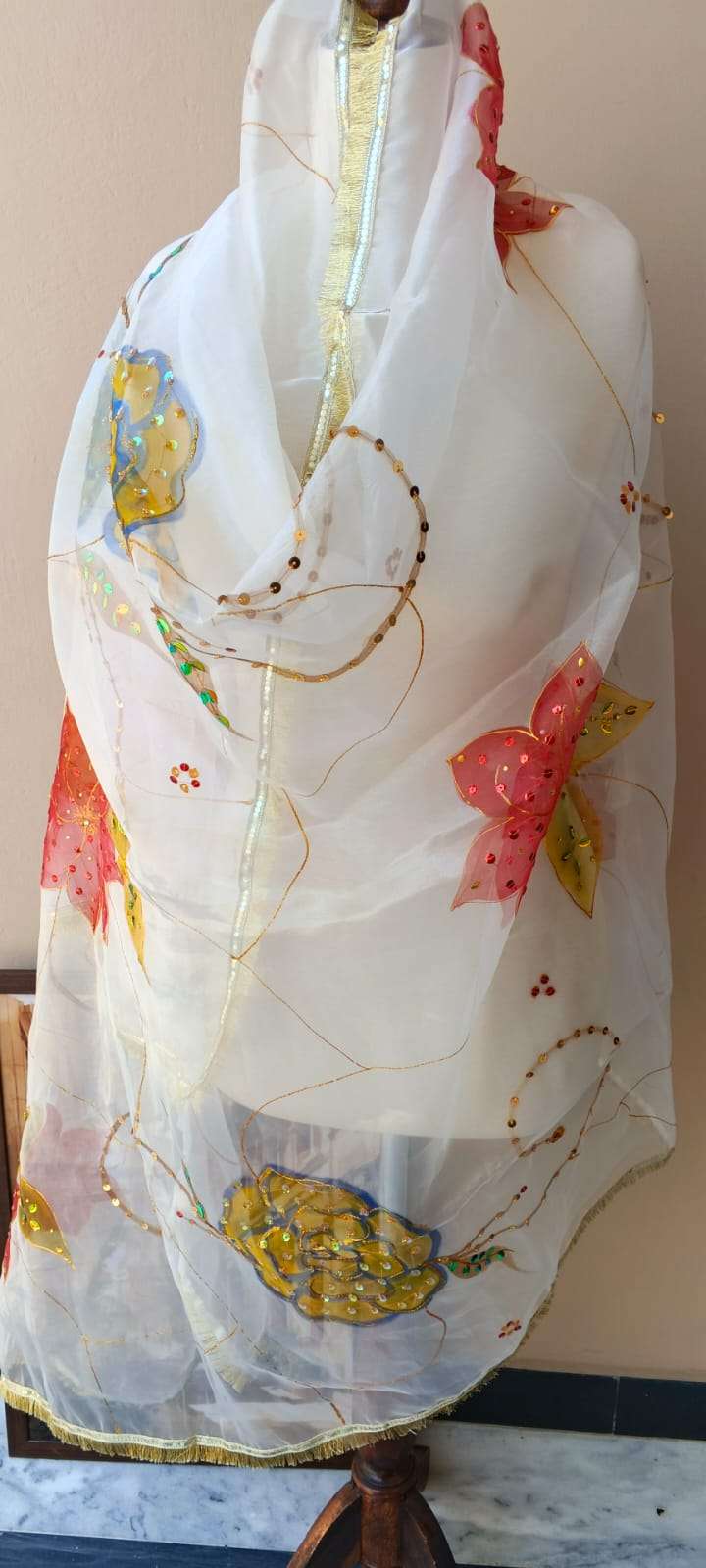 Blooming Bliss Hand-Painted Organza Dupatta
