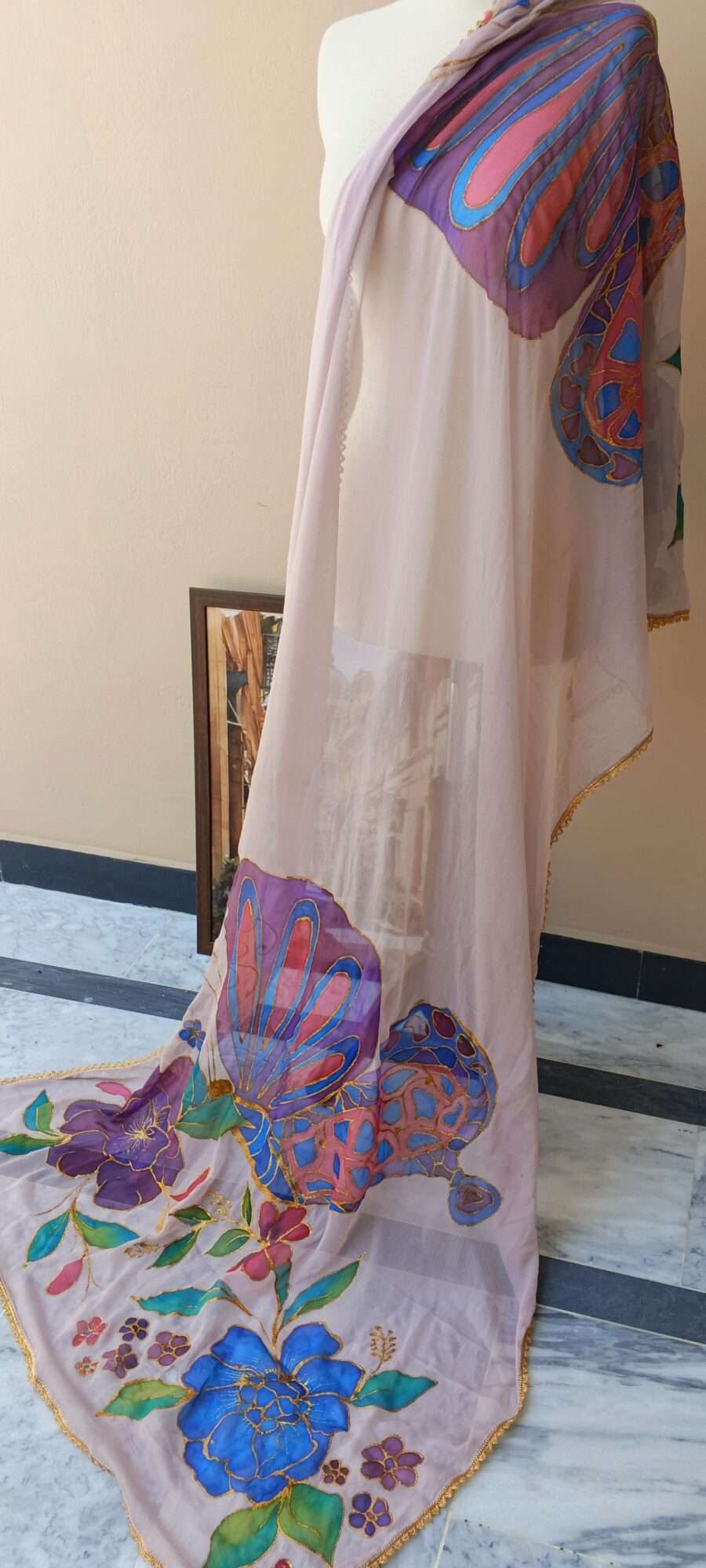 Online Dupatta Noor-e-Rang Hand-Painted Floral Crinkle Dupatta