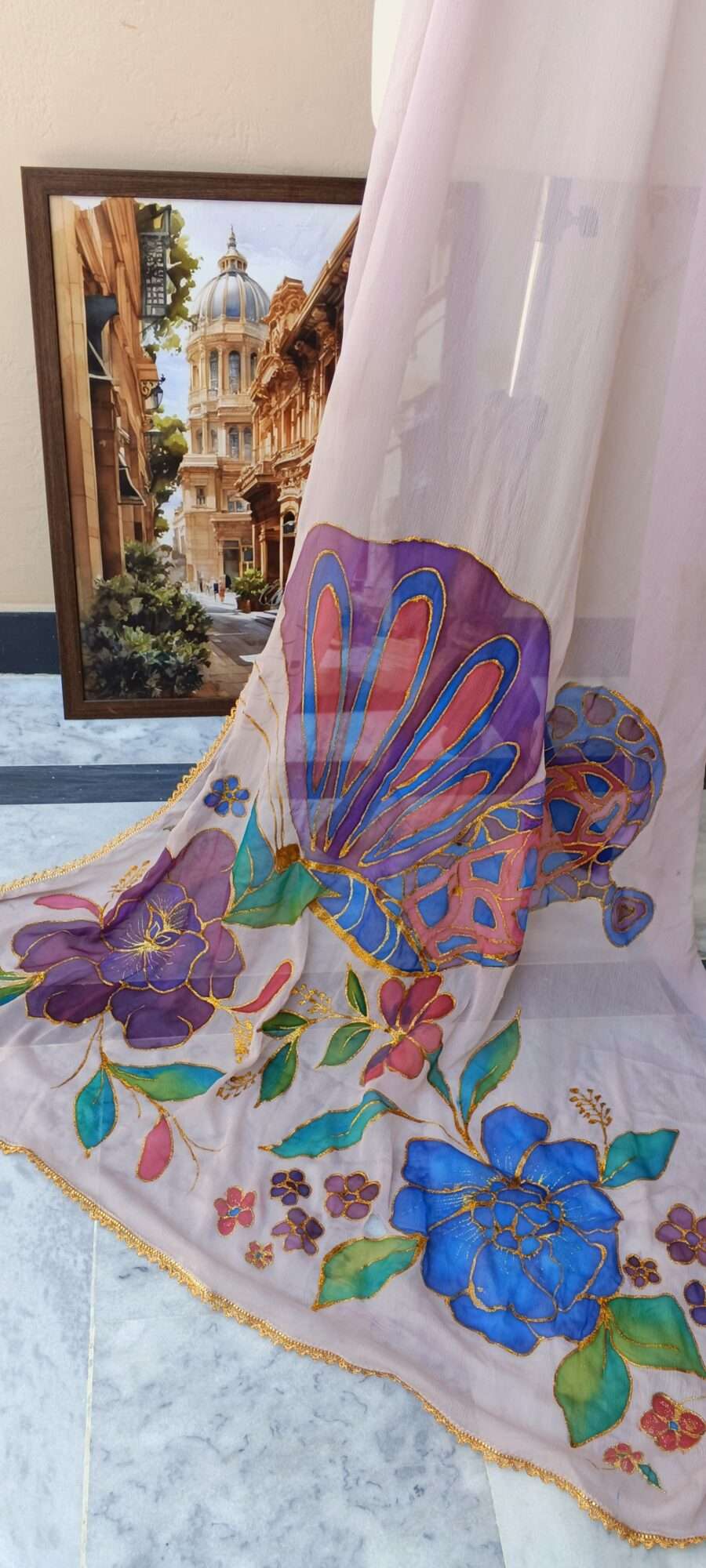 Online Dupatta Noor-e-Rang Hand-Painted Floral Crinkle Dupatta