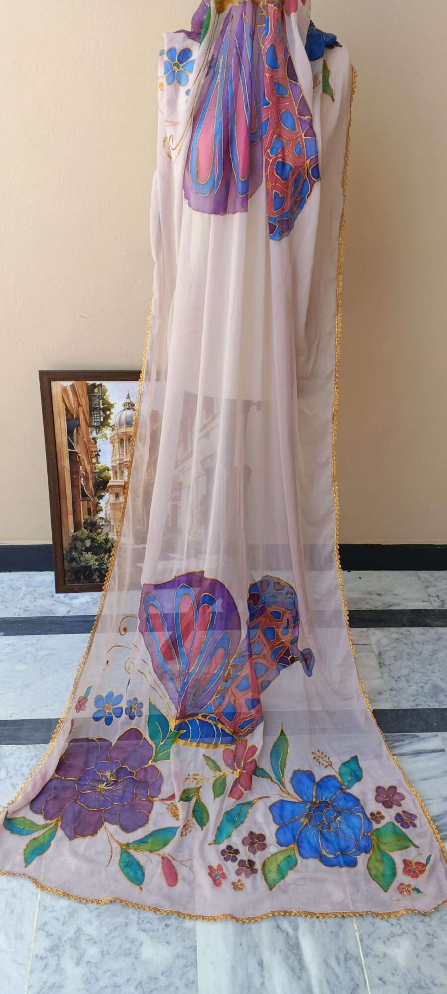 Online Dupatta Noor-e-Rang Hand-Painted Floral Crinkle Dupatta