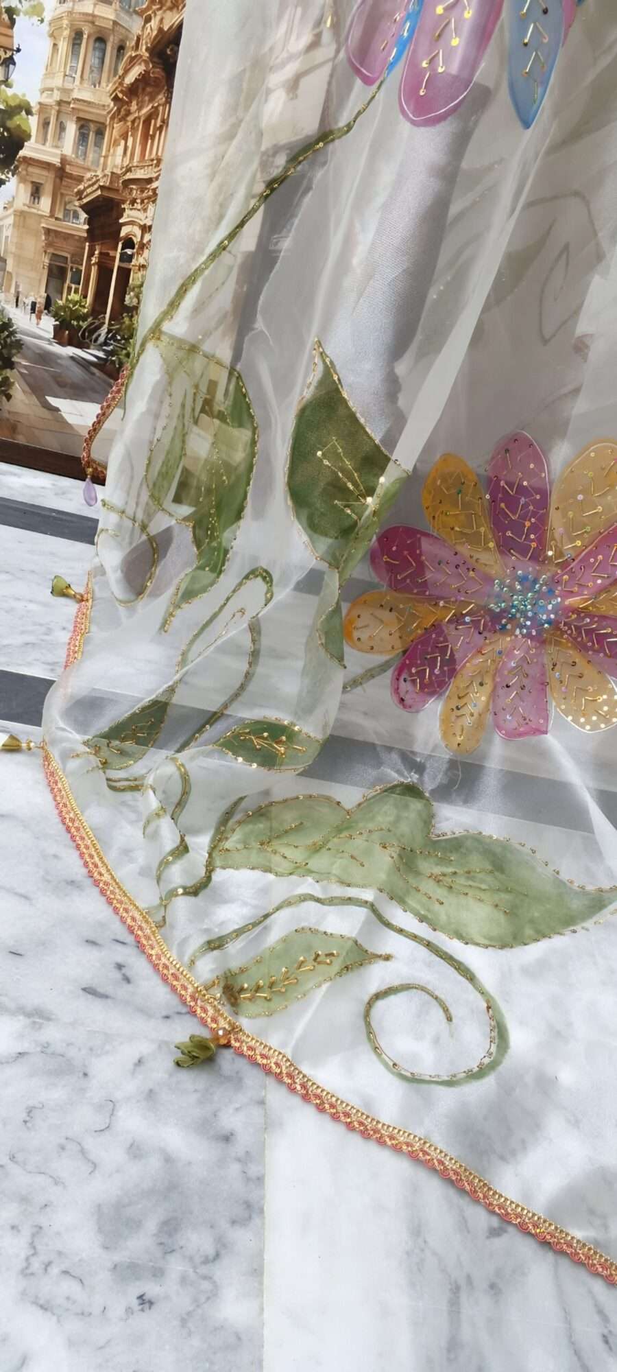 Online Dupatta Pastel Bloom Hand-Painted Organza Dupatta