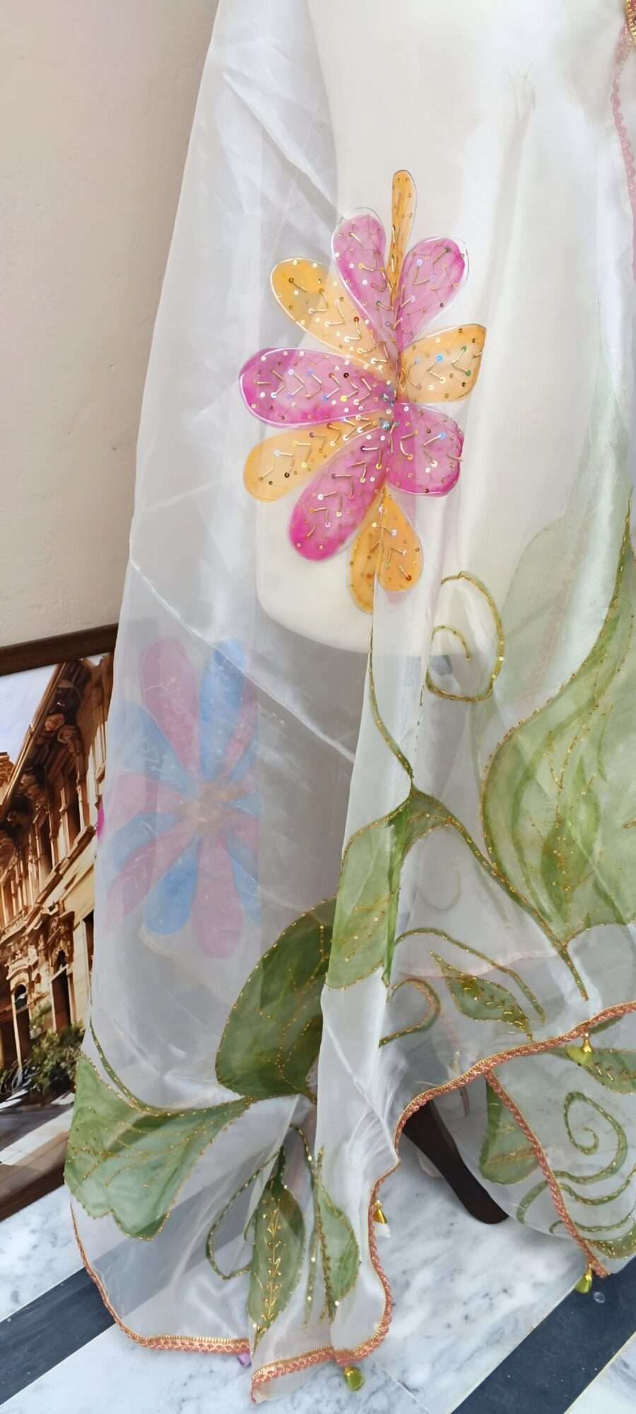 Online Dupatta Pastel Bloom Hand-Painted Organza Dupatta