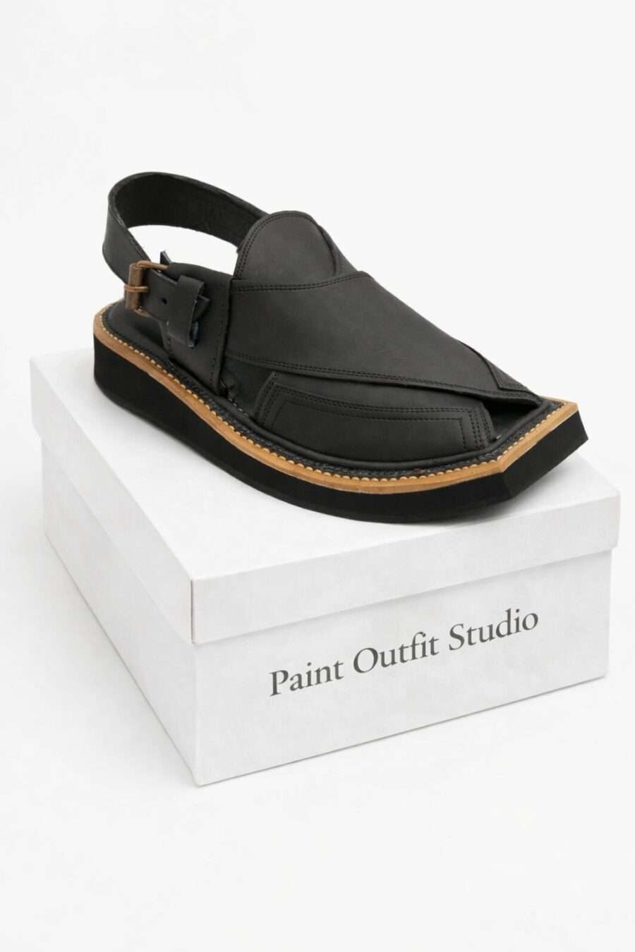 Black Hi Koram Leather Kaptan Chappal