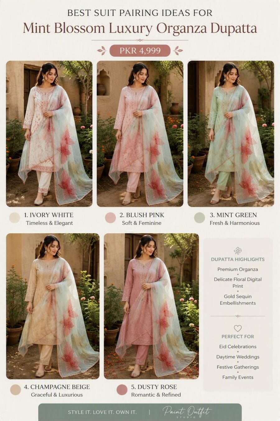 Mint Blossom Luxury Organza Dupatta