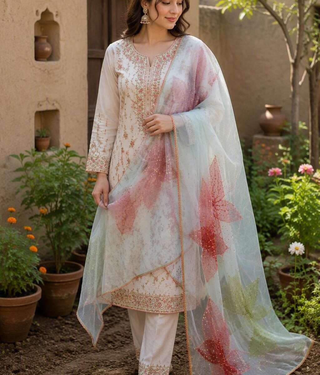 Paint Outfit Studio Mint Blossom Luxury Organza Dupatta