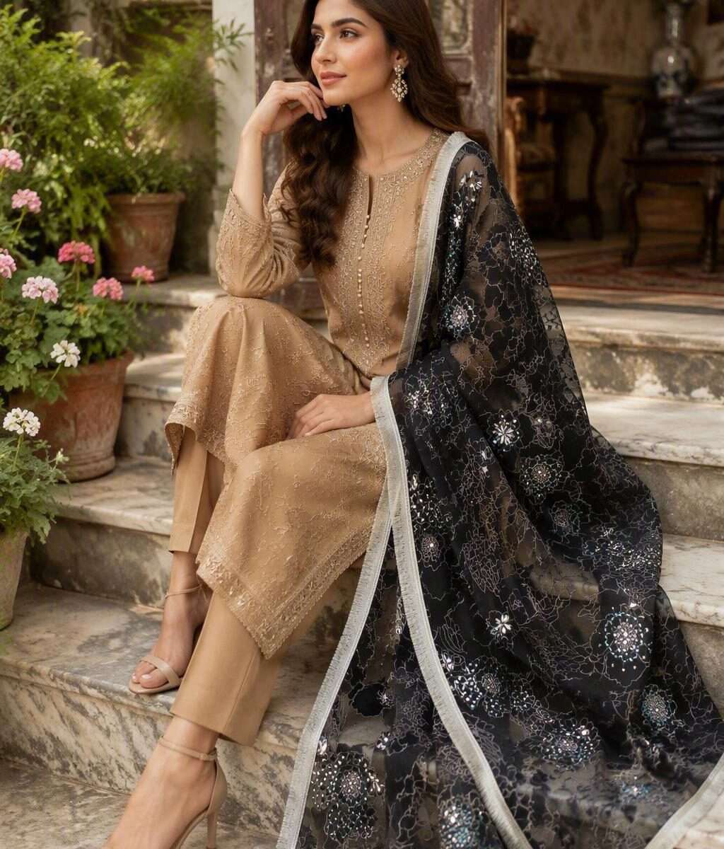 Paint Outfit Studio Noir Bloom Luxe Organza Dupatta