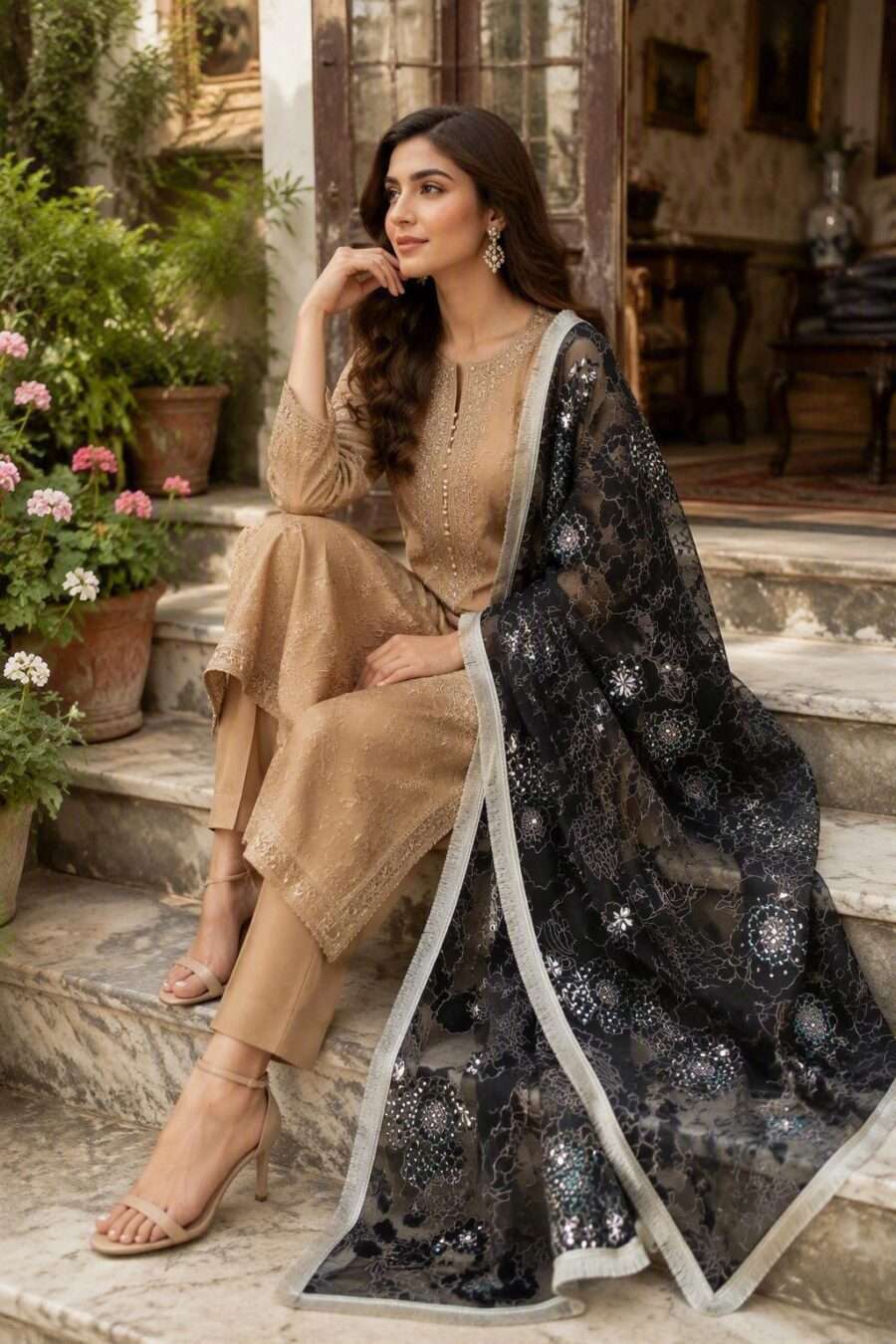Paint Outfit Studio Noir Bloom Luxe Organza Dupatta