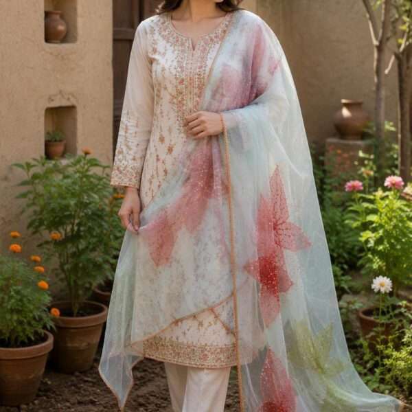 Mint Blossom Luxury Organza Dupatta