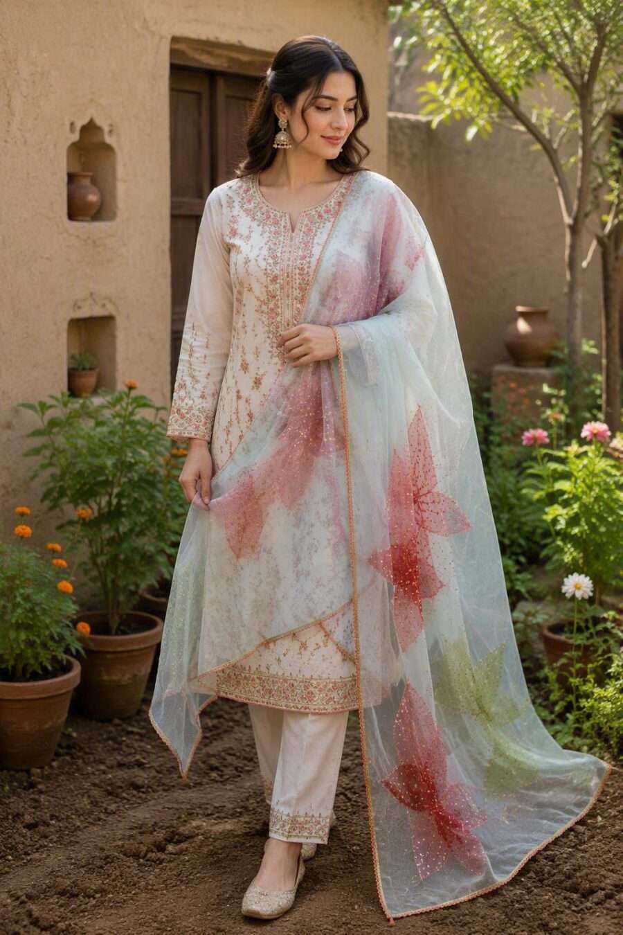 Mint Blossom Luxury Organza Dupatta