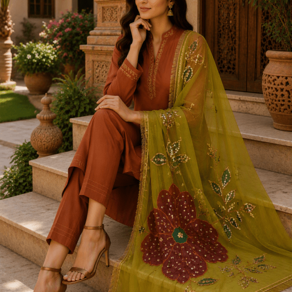 Mehndi Blossom Embellished Dupatta