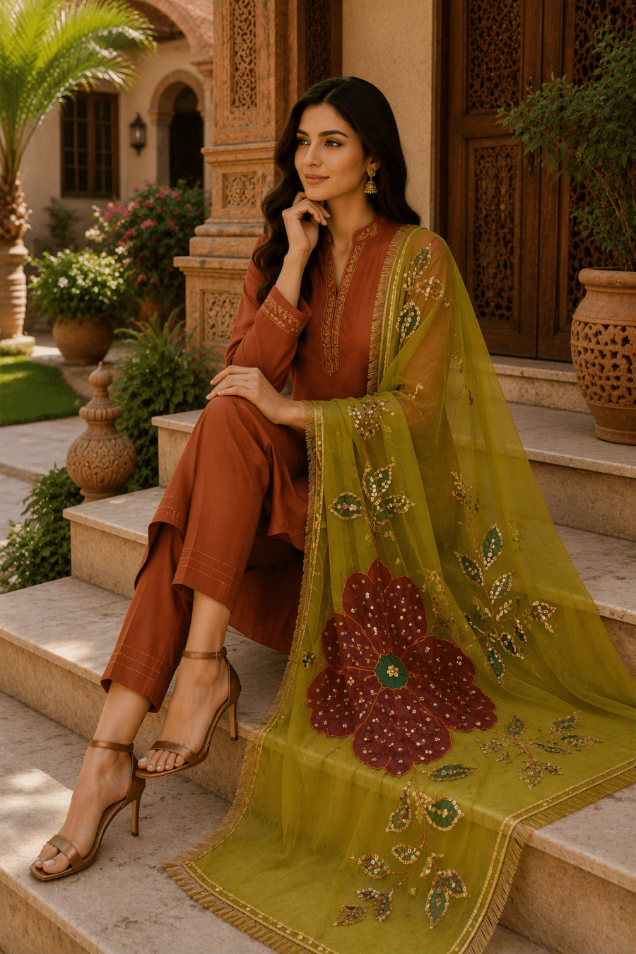 Mehndi Blossom Embellished Dupatta