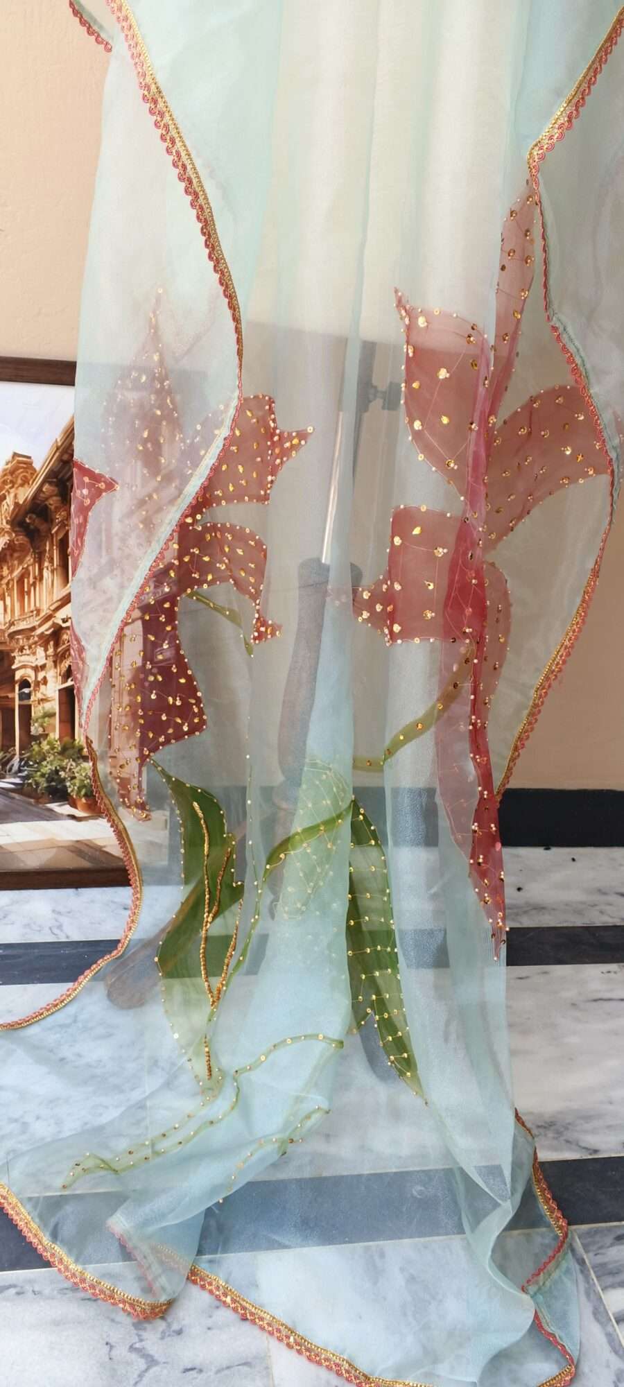 Mint Blossom Luxury Organza Dupatta